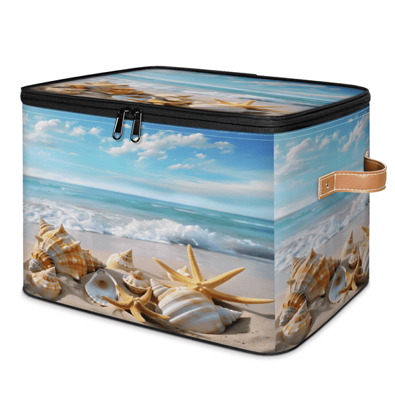 CURLYOOT Beach Fabric Storage Bins with Lids, Starfish Seashell Foldable Storage Boxes Washable Storage Cube, Closet Bedroom Home Organizer Containers with PU Leather Handles