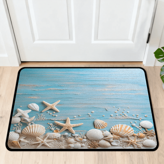 CURLYOOT Beach Indoor Doormat, Non-Slip Absorbent Door Mat 24" x 16", Rustic Starfish Seashell Entrance Floor Mat Washable Entry Doormats for Entryway Front Back Door