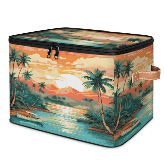 CURLYOOT Beach Ocean Tropical Hawaiian Coastal Storage Bin with Zipper Lid, Fabric Decorative Lidded Storage Baskets Boxes, Foldable Organizer Container Basket for Bedroom Closet Shelf