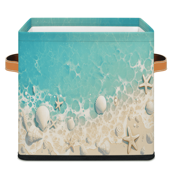 CURLYOOT Beach Shell Cube Storage Bin, 11 Inch Storage Cube Fabric Bin for Shelves, Summer Coastal Ocean Foldable Clothes Organizer Baskets with Leather Handle for Closet Home