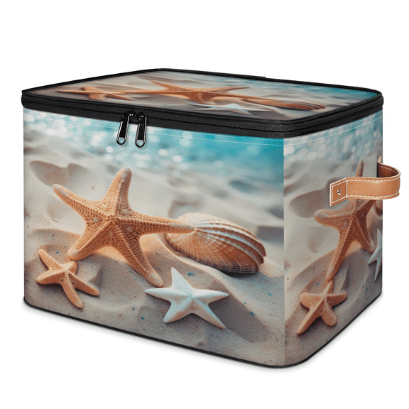 CURLYOOT Beach Starfish Seashell Storage Bins with Zipper Lid Fabric Storage Baskets Boxes Coastal Washable Foldable Clothes Organizer Container with Leather Handles for Shelves Closet