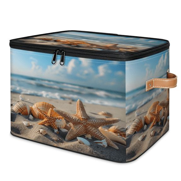 CURLYOOT Beach Starfish Storage Bins with Zipper Lid Fabric Storage Baskets Boxes Nautical Coastal Washable Foldable Clothes Organizer Container with Leather Handles for Shelves Closet