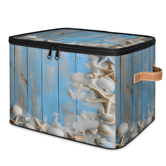 CURLYOOT Beach Theme Fabric Storage Bins with Lids, Seashells Starfish Foldable Storage Boxes Washable Storage Cube, Closet Bedroom Home Organizer Containers with PU Leather Handles