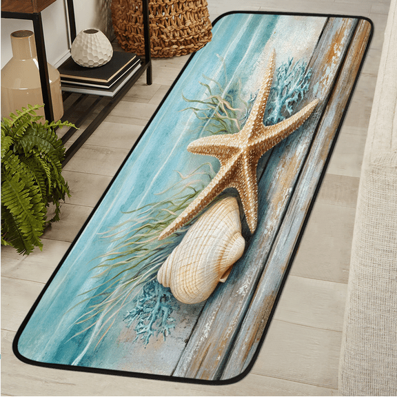 CURLYOOT Beach Wood Seashell Starfish Coral Runner Rug 2'x6' Washable Kitchen Runner Rug Indoor Non Slip Laundry Rugs Floor Carpet for Hallway Kitchen Entryway Bedroom Living Room