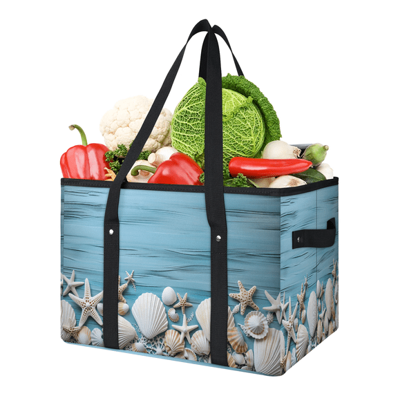 CURLYOOT Beachy Seashell Reusable Grocery Bag, Large Foldable Grocery Totes Shopping Bag for Groceries, Vintage Shopping Bags with Handles for Kitchen Trunk Picnic