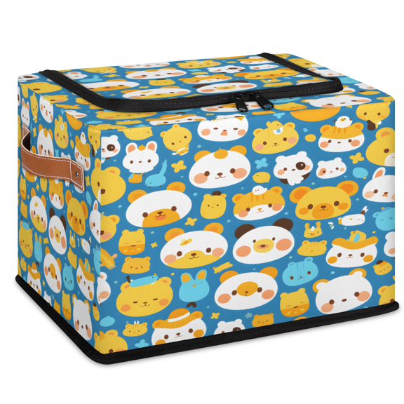CURLYOOT Bear Animal Kawaii Storage Bin with Zipper Lid, Fabric Storage Basket with Handles, Decorative Foldable Storages Box Clothes Organizer for Closet, Shelf