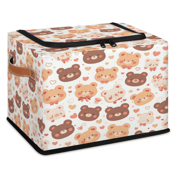 CURLYOOT Bear Brown Storage Bin with Zipper Lid, Fabric Storage Basket with Handles, Decorative Foldable Storages Box Clothes Organizer for Closet, Shelf