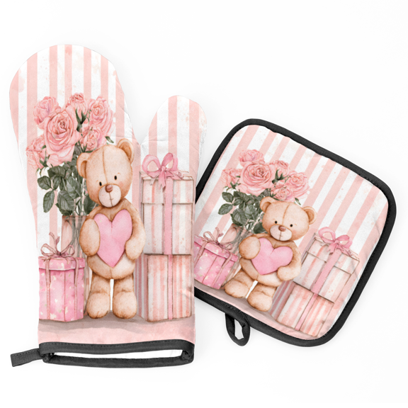 CURLYOOT Bear Rose Valentines Day Oven Mitts and Pot Holders 2 pcs Set, Decorative Kitchen Gloves Hot Pads Washable Oven Glove for Cooking Baking