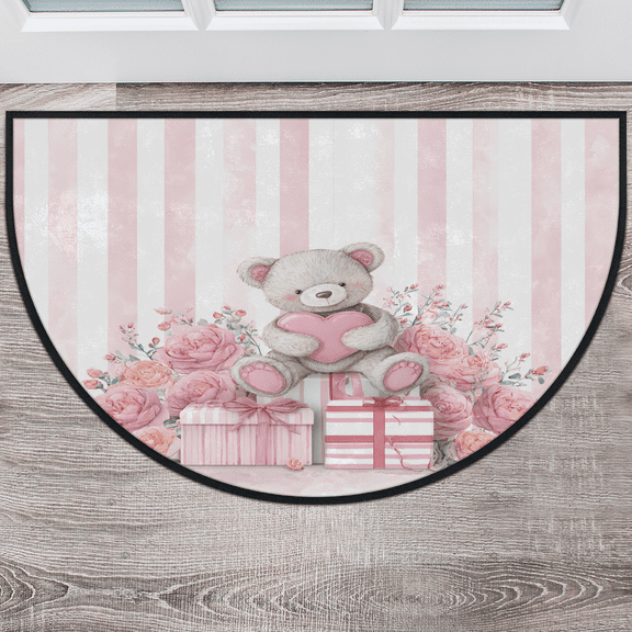 CURLYOOT Bear Valentines Day Half Round Door Mat 24'' x 36'', Indoor Outdoor Entrance Rug, Semi Circular Area Rug, Non Slip Washable Absorbent Doormat, Laundry Room Rug