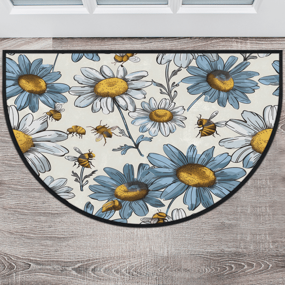 CURLYOOT Bee Daisy Half Round Door Mat, Indoor Outdoor Entrance Rug, Semi Circular Area Rug, Non Slip Washable Absorbent Doormat, Laundry Room Rug 40'' x 63''