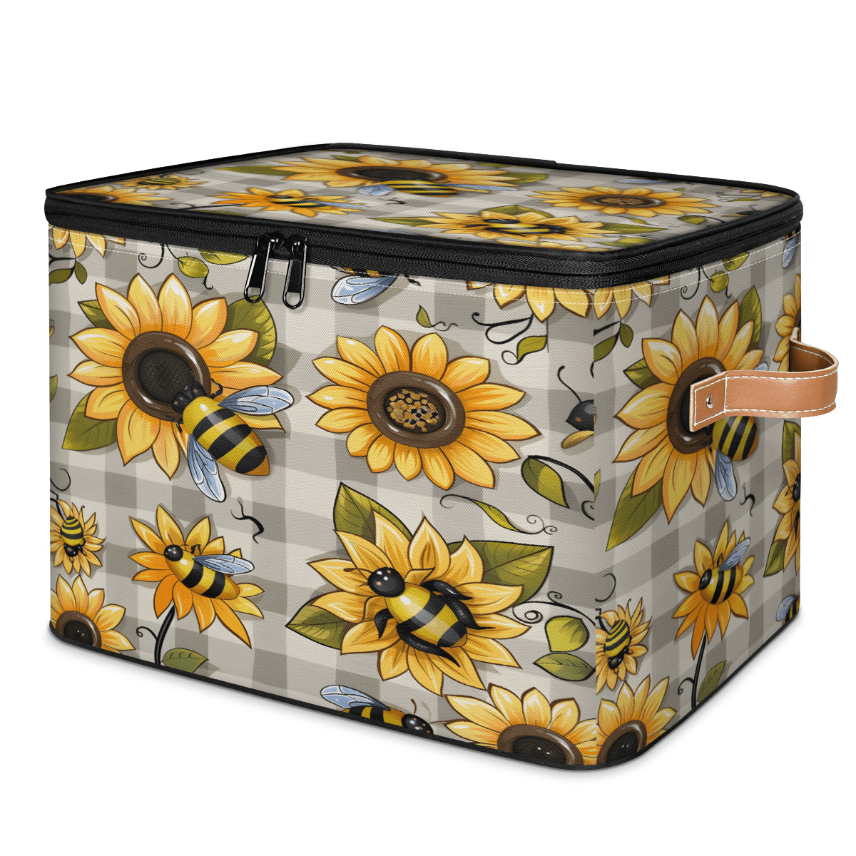 CURLYOOT Bee Fabric Storage Bins with Lids, Bee Floral Foldable Storage Boxes Washable Storage Cube, Closet Bedroom Home Organizer Containers with PU Leather Handles