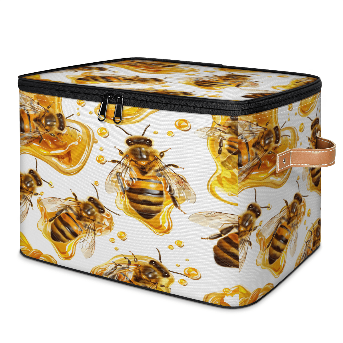 CURLYOOT Bee Fabric Storage Bins with Lids, Farmhouse Honey Bee Foldable Storage Boxes Washable Storage Cube, Closet Bedroom Home Organizer Containers with PU Leather Handles