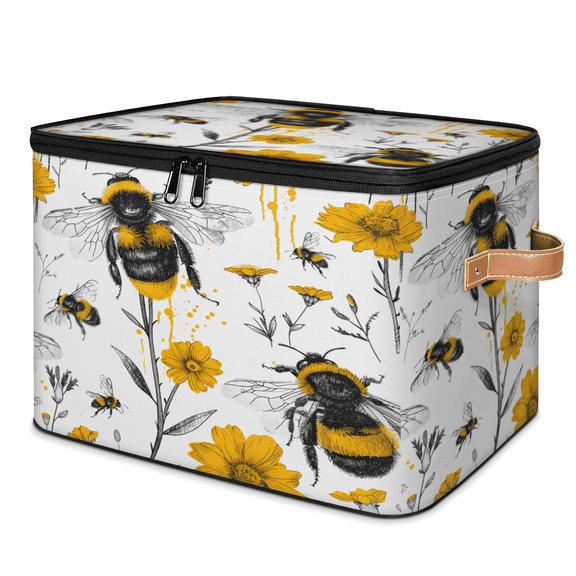 CURLYOOT Bee Fabric Storage Bins with Lids, Yellow Flower Floral Foldable Storage Boxes Washable Storage Cube, Closet Bedroom Home Organizer Containers with PU Leather Handles