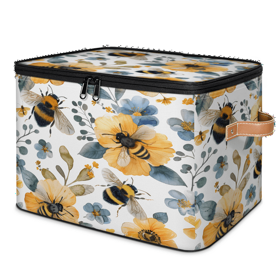 CURLYOOT Bee Floral Flowers Storage Bin with Zipper Lid, Fabric Decorative Lidded Storage Baskets Boxes, Foldable Organizer Container Basket for Bedroom Closet Shelf