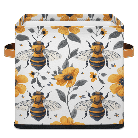 CURLYOOT Bee Honey Yellow 11 x 11 Inch Cube Storage Bin, Decorative Storage Cube Foldable Basket with Leather Handle, Fabric Bin for Closet Shelves Home Organizer