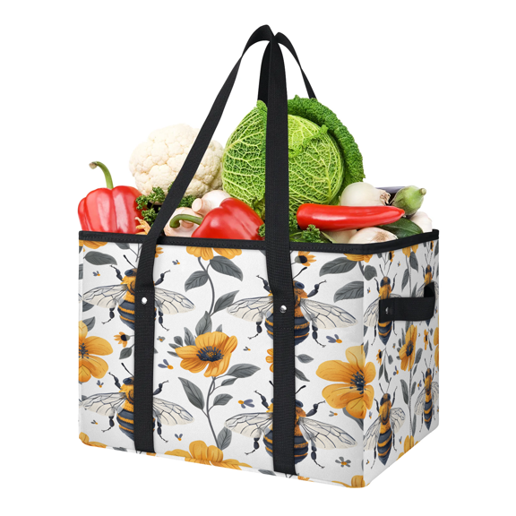 CURLYOOT Bee Honey Yellow Reusable Grocery Bag, Foldable Shopping Tote Bag with Reinforced Handles, Large Kitchen Grocery Bags for Shopping Groceries Picnic