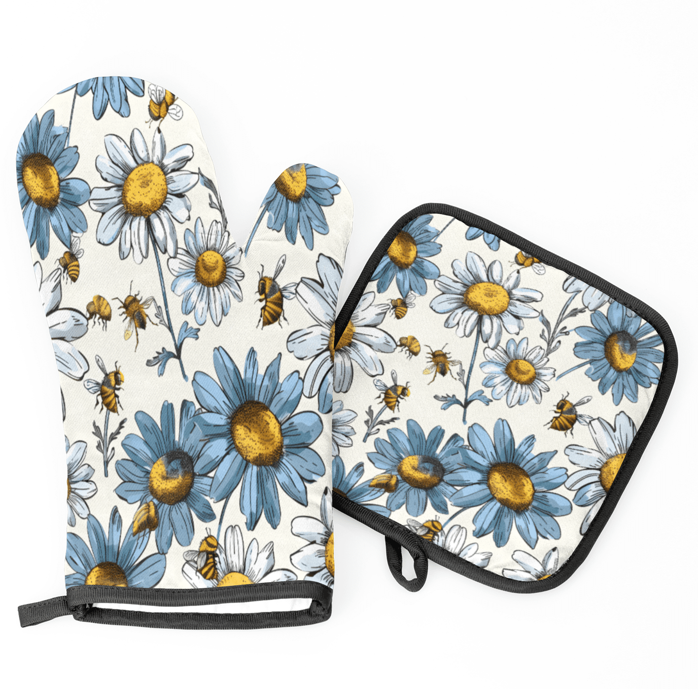 CURLYOOT Bee Oven Mitts and Pot Holders Sets of 2, Non-Slip Washable Bumblebee with Flower Printed Hot Pads and Oven Gloves for Kitchen Cooking Baking