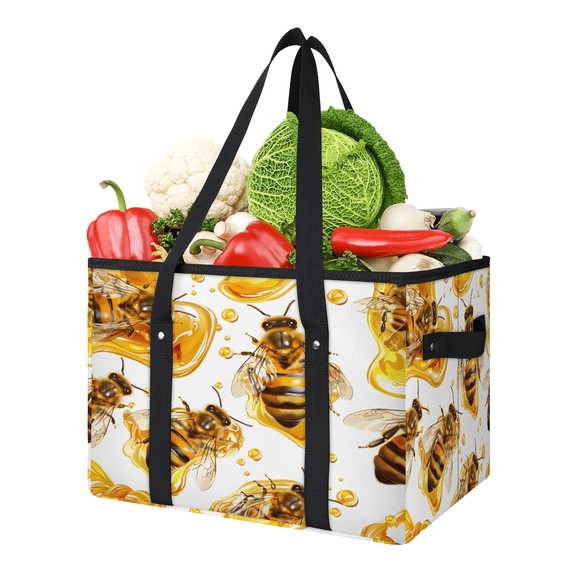 CURLYOOT Bee Reusable Grocery Bag, Large Foldable Grocery Totes Shopping Bag for Groceries, Farmhouse Honey Bee Shopping Bags with Handles for Kitchen Trunk Picnic