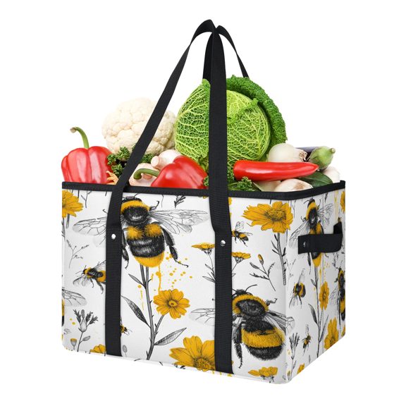 CURLYOOT Bee Reusable Grocery Bag, Large Foldable Grocery Totes Shopping Bag for Groceries, Yellow Flower Floral Shopping Bags with Handles for Kitchen Trunk Picnic
