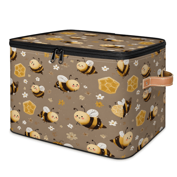 CURLYOOT Bees Animal Spring Summer Flower Storage Bins with Lid, Decorative Fabric Closet Boxes with Lids, Foldable Storage Baskets Shelves Container Organizers for Bedroom, Living Room, Dorm