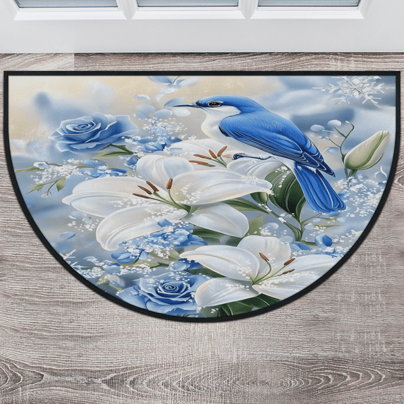 CURLYOOT Bird and Blue Floral Half Round Door Mat 40'' x 63'', Indoor Outdoor Entrance Rug, Semi Circular Area Rug, Non Slip Washable Absorbent Doormat, Laundry Room Rug
