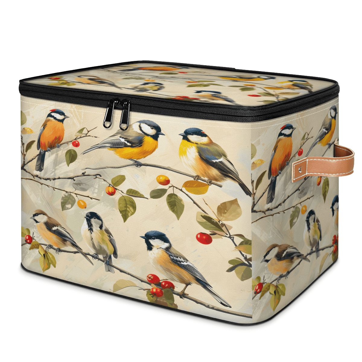 CURLYOOT Bird Fabric Storage Bins with Lids, Birds on Tree Branch Foldable Storage Boxes Washable Storage Cube, Closet Bedroom Home Organizer Containers with PU Leather Handles