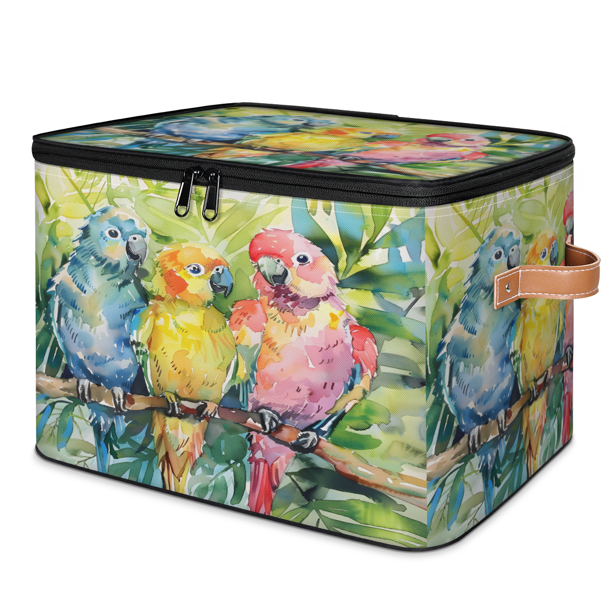 CURLYOOT Bird Fabric Storage Bins with Lids, Colorful Tropical Bird Parrot Foldable Storage Boxes Washable Storage Cube, Closet Bedroom Home Organizer Containers with PU Leather Handles