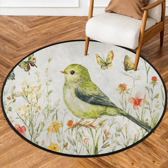 CURLYOOT Bird and Wild Flower Spring 5.2ft Round Rug for Living Room, Large Washable Area Rug, Non Slip Floor Mat Indoor Rugs for Bedroom, Dining Room, Offices, Entryway