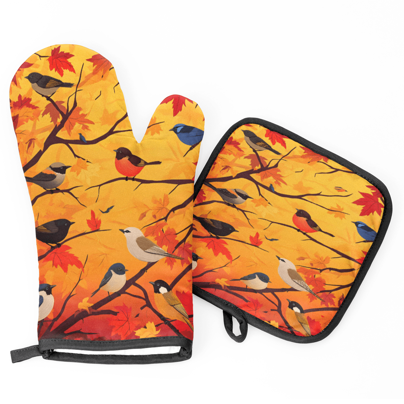 CURLYOOT Birds Fall Maple Leaf Oven Mitts and Pot Holders Sets of 2, Non-Slip Washable Hot Pads and Oven Gloves for Kitchen Cooking Baking
