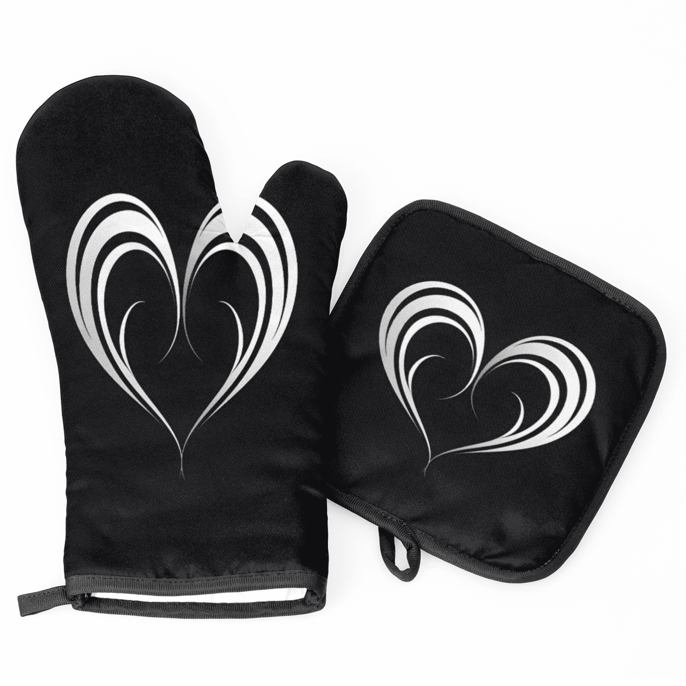 CURLYOOT Black And White Heart Oven Mitts and Pot Holders Sets of 2, Non-Slip Washable Hot Pads and Oven Gloves for Kitchen Cooking Baking