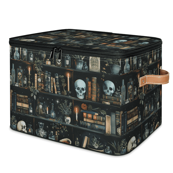 CURLYOOT Black Bookshelf and Goth Skull Storage Bins with Lid, Decorative Fabric Storage Boxes, Foldable Closet Shelf Organizer Baskets for Bedroom, Living Room, Home