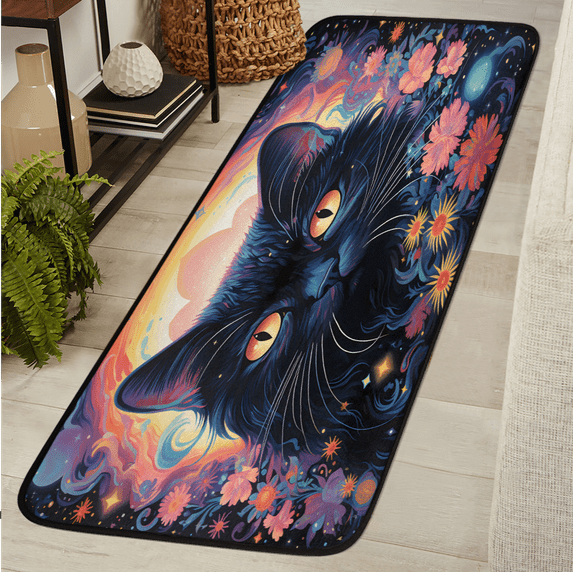 CURLYOOT Black Cat Flowers Runner Rug 2'x6' Washable Kitchen Runner Rug Indoor Non Slip Laundry Rugs Floor Carpet for Hallway Kitchen Entryway Bedroom Living Room