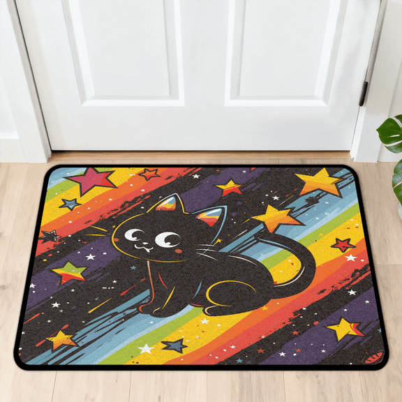 CURLYOOT Black Cat Indoor Doormat, Non-Slip Absorbent Door Mat 24" x 16", Cartoon Rainbow Stars Entrance Floor Mat Washable Entry Doormats for Entryway Front Back Door