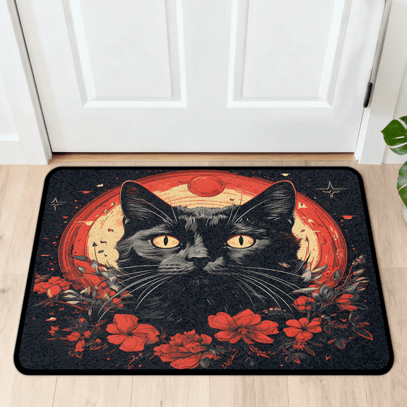 CURLYOOT Black Cat Red Flower Indoor Doormat, Non-Slip Absorbent Door Mat 24" x 16", Entrance Floor Mat Washable Entry Doormats for Entryway Front Back Door