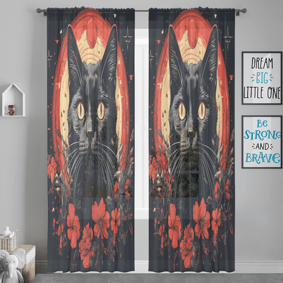 CURLYOOT Black Cat Red Flower Sheer Curtains 84 Inches Long, 2 Panels Set, Rod Pocket Semi Sheer Light Filtering Window Drapes for Bedroom, Living Room, 52 x 84 Inch