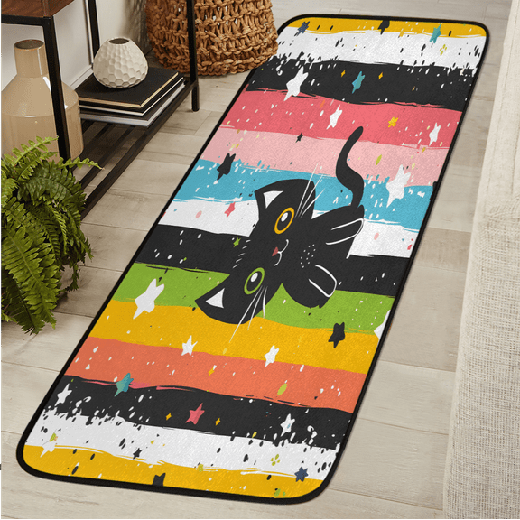 CURLYOOT Black Cat Runner Rug 2'x6' Washable Kitchen Runner Rug Indoor Non Slip Laundry Rugs Rainbow Stripes Floor Carpet for Hallway Kitchen Entryway Bedroom Living Room