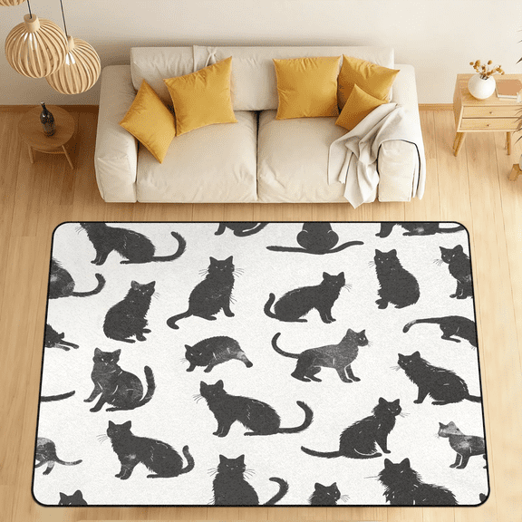 CURLYOOT Black Cats Area Rugs for Living Room Bedroom, 4' 10" x 6' 8" Washable Rug, White Floor Carpet with Non Slip Backing for Dining Room Indoor