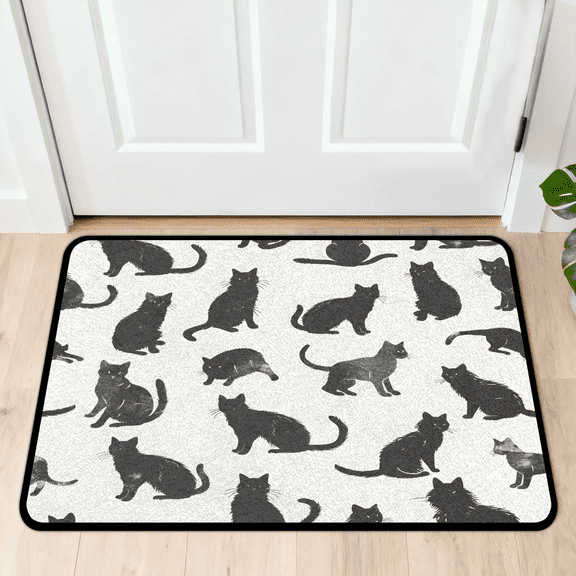 CURLYOOT Black Cats Indoor Doormat, Non-Slip Absorbent Door Mat 24" x 16", White Entrance Floor Mat Washable Entry Doormats for Entryway Front Back Door