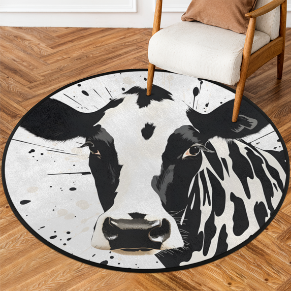 CURLYOOT Black Cow Print 5.2ft Round Rug for Living Room, Large Washable Area Rug, Non Slip Floor Mat Indoor Rugs for Bedroom, Dining Room, Offices, Entryway
