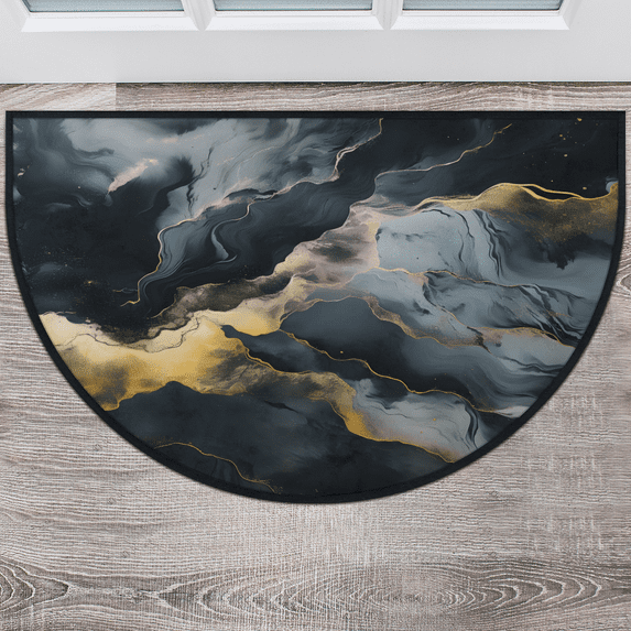 CURLYOOT Black Glod Marble Half Round Door Mat 40'' x 63'', Indoor Outdoor Entrance Rug, Semi Circular Area Rug, Non Slip Washable Absorbent Doormat, Laundry Room Rug