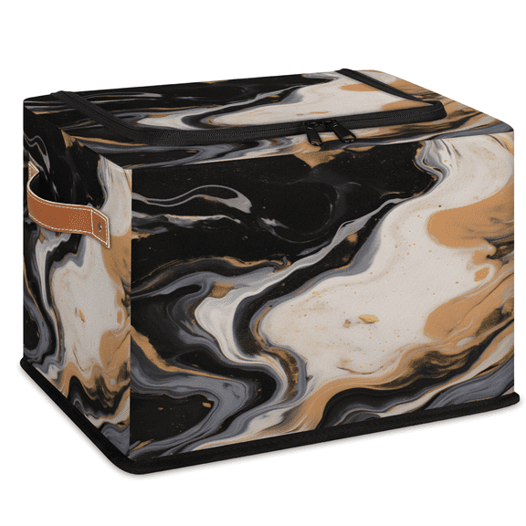 CURLYOOT Black Gold Marble Storage Bin with Zipper Lid, Foldable Clothes Organizer Lidded Storage Baskets, Rectangular Box Closet Shelf Organizer for Living Room Bedroom Home