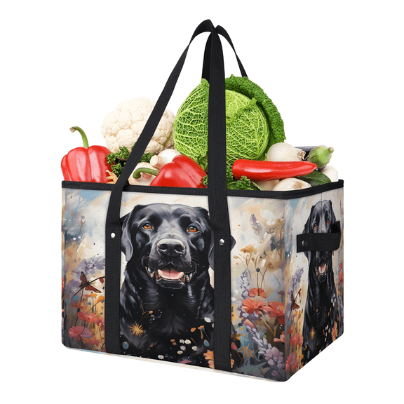 CURLYOOT Black Labrador Dog Reusable Grocery Bag, Foldable Shopping Tote Bag with Reinforced Handles, Large Kitchen Grocery Bags for Shopping Groceries Picnic