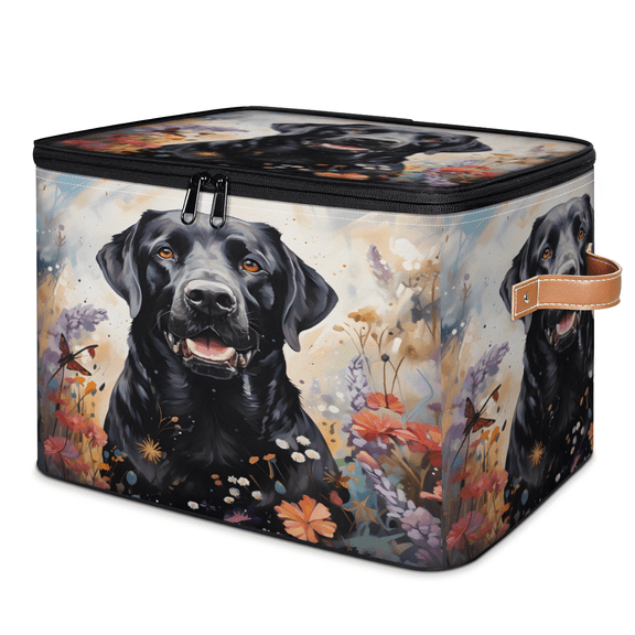 CURLYOOT Black Labrador Dog Storage Bin with Zipper Lid, Fabric Decorative Lidded Storage Baskets Boxes, Foldable Organizer Container Basket for Bedroom Closet Shelf