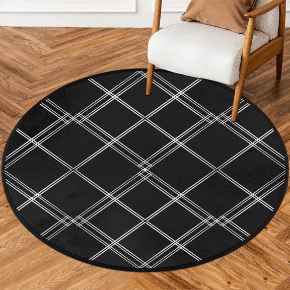 CURLYOOT Black Square 5.2ft Round Rug for Living Room, Large Washable Area Rug, Non Slip Floor Mat Geometric Indoor Rugs for Bedroom, Dining Room, Offices, Entryway