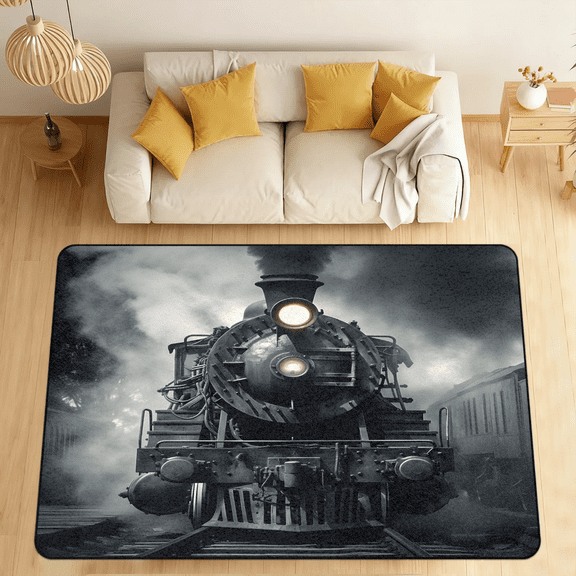 CURLYOOT Black Steam Train Area Rugs for Living Room Bedroom, 4' 10" x 6' 8" Washable Rug, Floor Carpet with Non Slip Backing for Dining Room Indoor