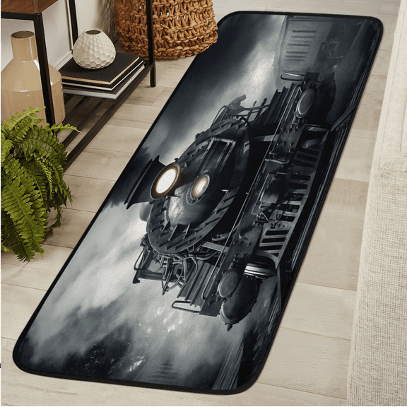 CURLYOOT Black Steam Train Runner Rug 2'x6' Washable Kitchen Runner Rug Indoor Non Slip Laundry Rugs Floor Carpet for Hallway Kitchen Entryway Bedroom Living Room