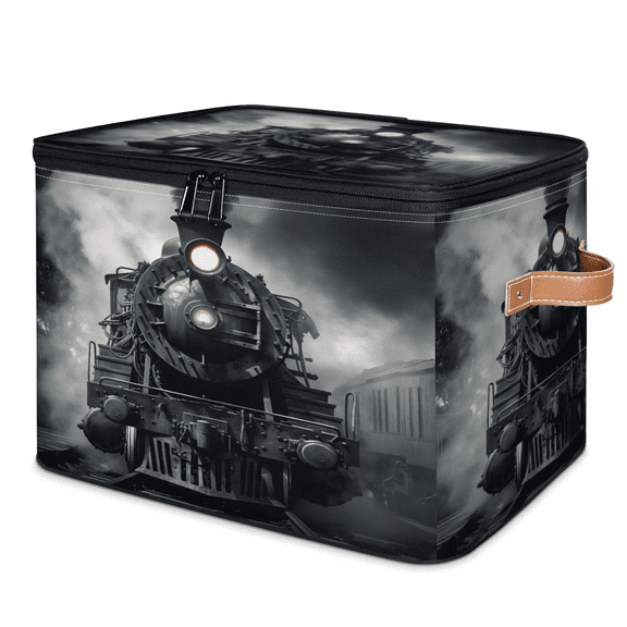 CURLYOOT Black Steam Train Storage Bin with Zipper Lid, Fabric Decorative Lidded Storage Baskets Boxes, Foldable Organizer Container Basket for Bedroom Closet Shelf