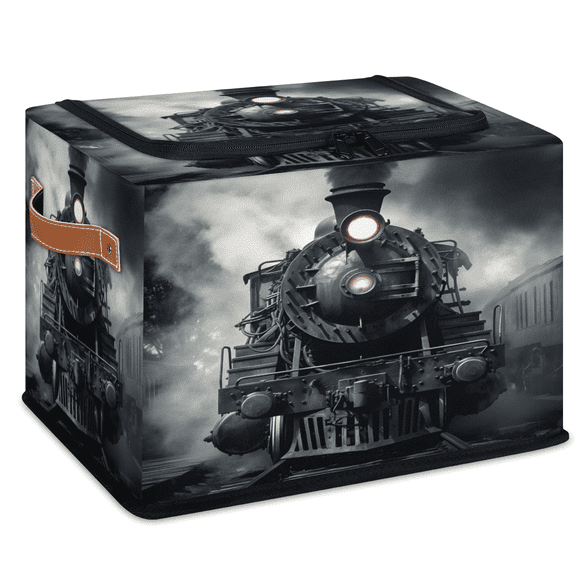 CURLYOOT Black Steam Train Storage Bin with Zipper Lid, Foldable Clothes Organizer Lidded Storage Baskets, Rectangular Box Closet Shelf Organizer for Living Room Bedroom Home