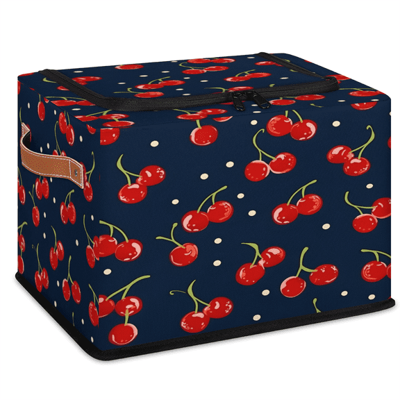 CURLYOOT Black Sweet Cherry Storage Bin with Zipper Lid, Foldable Clothes Organizer Lidded Storage Baskets, Rectangular Box Closet Shelf Organizer for Living Room Bedroom Home