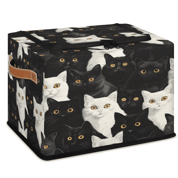 CURLYOOT Black White Cats Storage Bin with Zipper Lid Foldable Storage Basket Box Clothes Organizer Container for Closet, Shelf, Bedroom, Home Decor